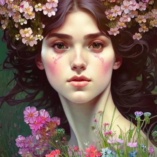 Image similar to Portrait of a girl surrounded by flowers, face, fantasy, intricate, elegant, highly detailed, digital painting, artstation, concept art, smooth, sharp focus, illustration, art by Fernanda Suarez and Artem Demura and alphonse mucha