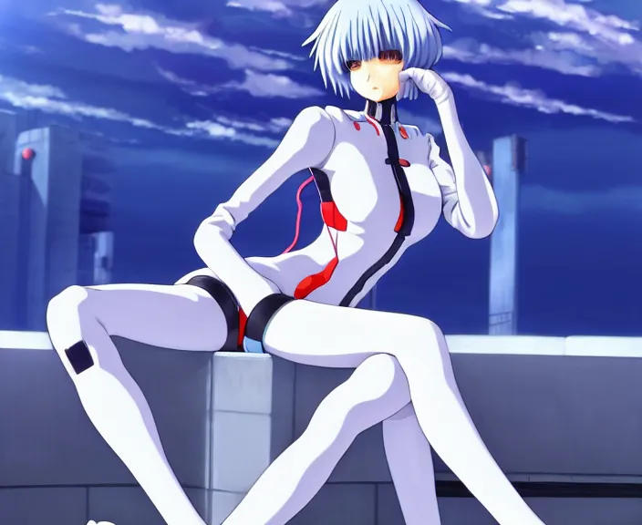 Image similar to anime art, fullbody shot of female rei ayanami, evangelion, long blue hair and large eyes, finely detailed perfect face, in a pale skintight plugsuit, sitting on rooftop, flooded city, trending on pixiv fanbox, by ilya kuvshinov, sola digital arts,, raytracing