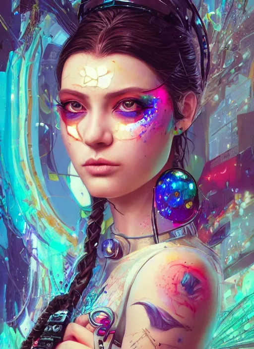 Prompt: beautiful portrait of Lofi cyberpunk Princess Elsa, by Tristan Eaton, Stanley Artgermm, Tom Bagshaw, Greg Rutkowski, Carne Griffiths. trending on DeviantArt, face enhance, hyper detailed, trending on Artstation, 8k, masterpiece, graffiti paint, fine detail, full of color, intricate detail, golden ratio illustration