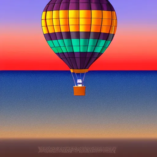 Prompt: a hot air balloon floats over a beach at violet sunset, whimsical and flat art style