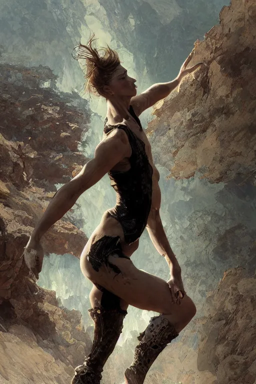 Image similar to a full body portrait of a beautiful post apocalyptic offworld desert gymnast leaping in ballet dance pose by the emerald oasis pools, intricate, elegant, highly detailed, digital painting, artstation, concept art, smooth, sharp focus, illustration, art by krenz cushart and artem demura and alphonse mucha