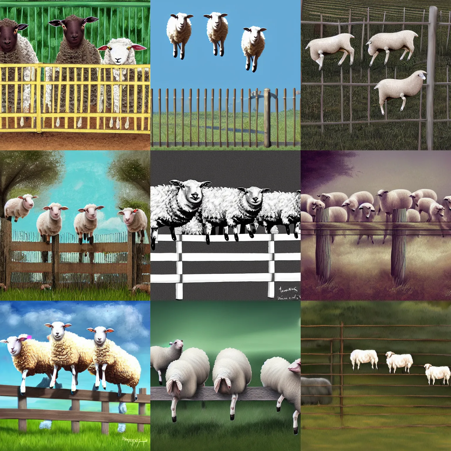 Prompt: three sheep jumping over a fence, concept art, digital art,