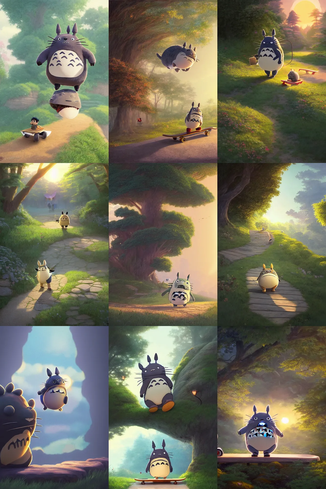 Prompt: a wholesome cottagecore illustration of a happy cartoon Totoro Skateboarding, studio Ghibli, Pixar and Disney animation, sharp, Rendered in Redshift and Unreal Engine 5 by Greg Rutkowski, Bloom, dramatic lighting, sunrise