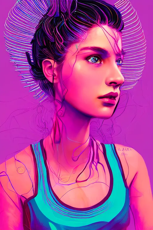 Image similar to a award winning half body portrait of a beautiful woman with stunning eyes in a croptop and cargo pants with ombre purple pink teal hairstyle and hands in pockets by thomas danthony, surrounded by whirling illuminated lines, outrun, vaporware, shaded flat illustration, digital art, trending on artstation, highly detailed, fine detail, intricate