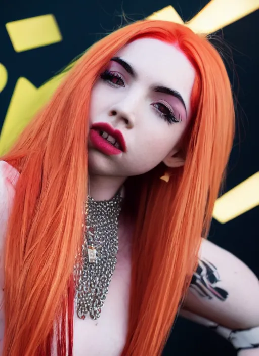 Image similar to ava max bright red hair photographed by charlotte rutherford, canon, highly realistic. high resolution. highly detailed. dramatic. 8 k. 4 k.