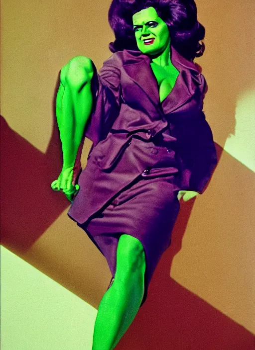 Image similar to a color photo portrait of she hulk wearing 6 0's fashion by helmut newton dramatic lighting, 7 5 mm lens, sharp focus.