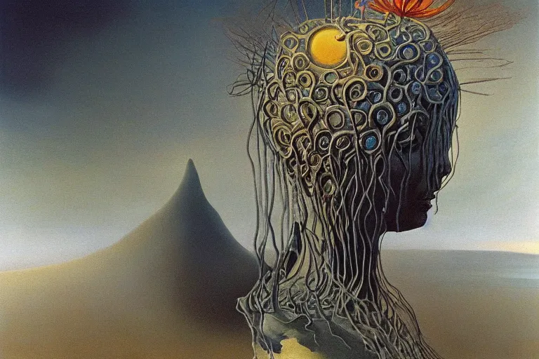Prompt: the queen of the sun by salvador dali and zdzisław beksiński, oil on canvas, beautiful and eerie colaboration, intricately detailed artwork, full 8k high quality resolution, recently just found unknown masterpiece