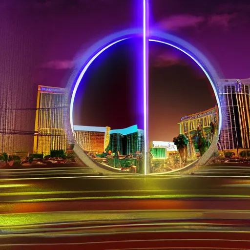 Image similar to A portal looking in to the Los Vegas strip. The edges of the portal cause dimmed light's to shine down on the ground. The portal is in a dark room. Ultra realistic, 8k.