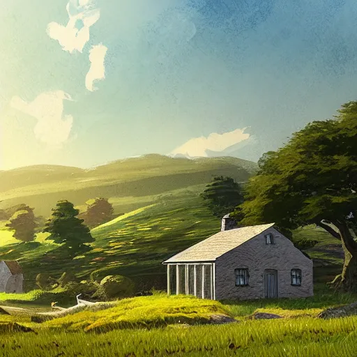 Image similar to irish homestead in the countryside amidst rolling hills, highly detailed, digital painting, concept art, sharp focus, by makoto shinkai