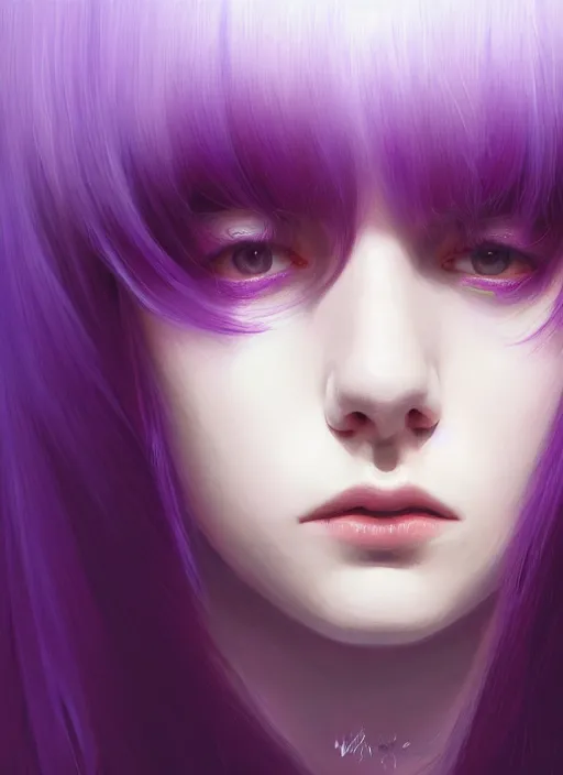 Image similar to hair whitebangs hair, black hair, whitebangs, portrait of teenage girl with white bangs, red irises, purple clothes, white bangs, bangs are different color from hair, intricate, elegant, glowing lights, highly detailed, digital painting, artstation, concept art, smooth, sharp focus, illustration, art by wlop, mars ravelo and greg rutkowski