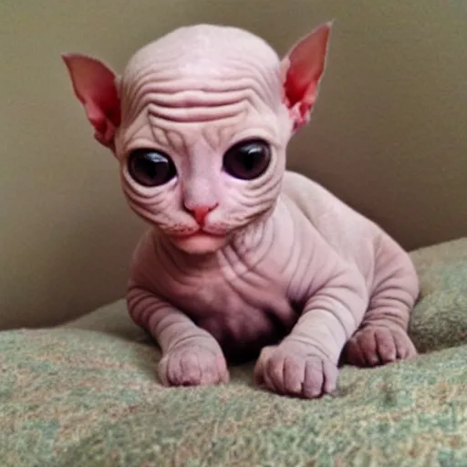 Prompt: tiny wrinkly bald hairless sphinx kitten