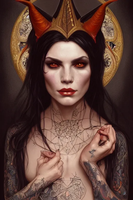 Image similar to portrait of a satanic witch, tattooed face, upper body, decorated, intricate, elegant, highly detailed, digital painting, artstation, concept art, smooth, sharp focus, illustration, art by artgerm and greg rutkowski and alphonse mucha, 8 k