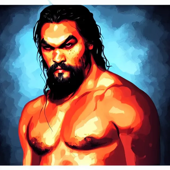 Prompt: digital painting of jason momoa on fire. portrait. ArtStation. Rule of thirds. Silouette. Pain. Marco Bucci.