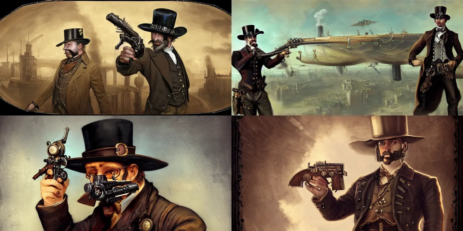 Prompt: portrait of a steampunk gentleman gunslinger in hat posing with 2 pistols, matte painting of steam machines airships on background, by Antonio Caparo and tyler edlin and lindsey look, victorian, concept art, steam romance, steam-punk illustration, detailed, 4k resolution, trending on artstation