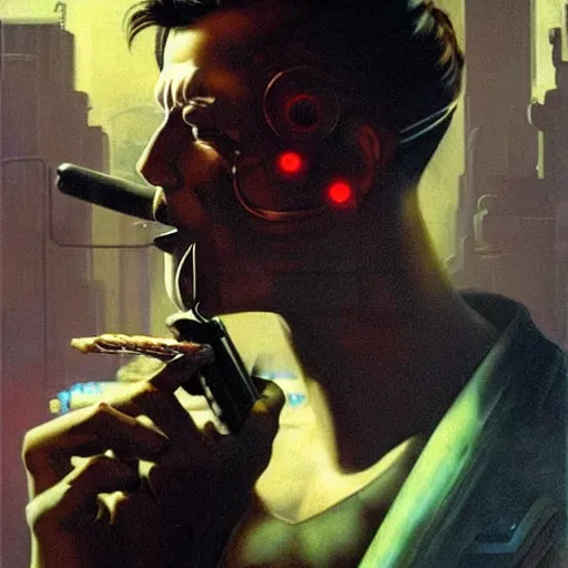Image similar to An android smoking a cigar in a cyberpunk setting by Frank Frazetta, Trending on Artstation, 1980s computer graphics,