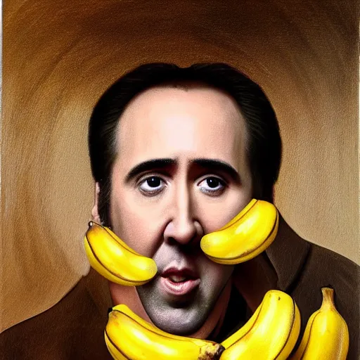 Image similar to highly detailed oil painting of nicolas cage inside of a banana, 4 k, in the style of caravaggio and dali