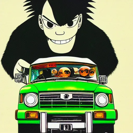 Prompt: a japanese print of a gorillaz album cover, green pickup car, art by akira toriyama.