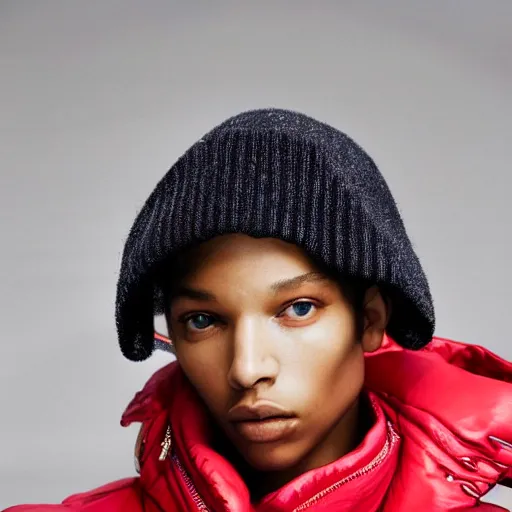 Image similar to realistic photoshooting for a new balenciaga lookbook color film photography close up portrait of a beautiful woman model, model wears a puffer jacket, photo in style of tyler mitchell, ssense