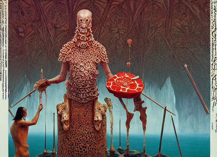 Prompt: scene from zoo interior, renaissance knight executioner fashion model, pizza intricated, art by james jean, exquisite details, background sea fractal of pale color holy mountain, painted by zdzislaw beksinski