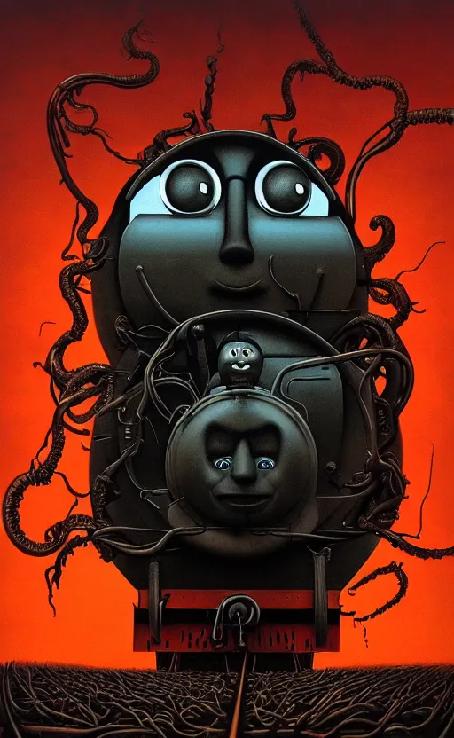 Image similar to thomas the tank engine in style of zdzisław beksinski, extremely dramatic lighting, 8 k, tendrils, black, darkness, black slime tendrils, infected, rust, body horror, thomas the train, thomas the tank engine face, horror,