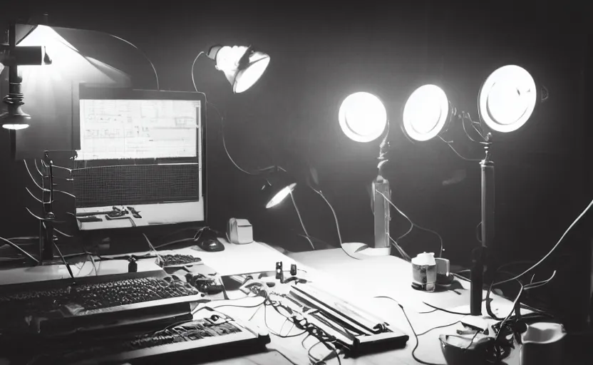 Prompt: looking over a man. low lit radio booth, one single gas lamp, studio lighting wet computer keyboard, sweaty. steam in air, cables, buttons, colour photo, switches, strange