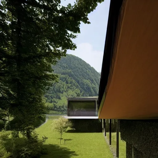 Prompt: a house by the river rhein in mumpf designed by peter zumthor