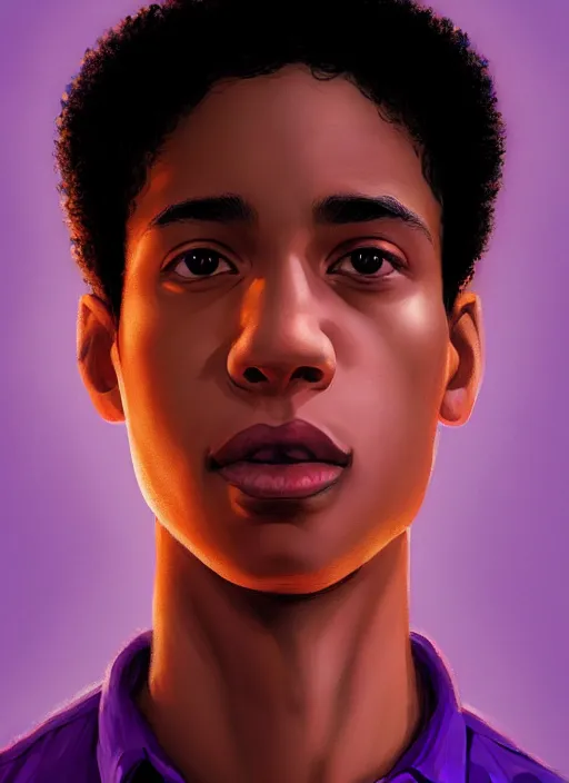 Prompt: portrait of chuck clayton, lightskin black teenage boy, very short curly hair, very short hair, short hair, strong jawline, square jaw, slight smile, purple button up, intricate, elegant, glowing lights, highly detailed, digital painting, artstation, concept art, smooth, sharp focus, illustration, art by wlop, mars ravelo and greg rutkowski
