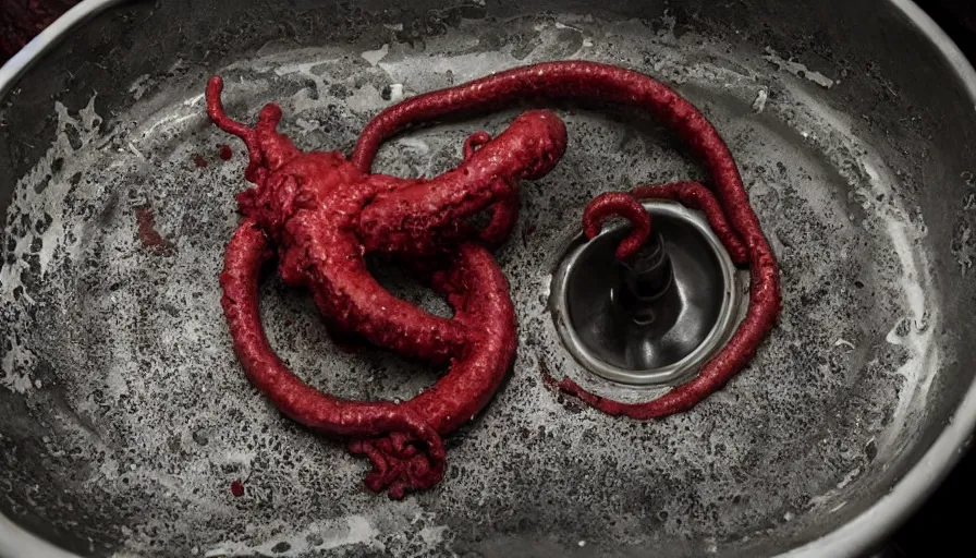 Image similar to Horror movie, a tentacle reaches up out of the kitchen sink drain.