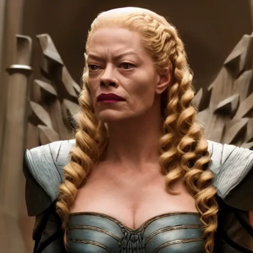 Prompt: seven of nine from star trek voyager sitting on the iron throne in kings landing from game of thrones