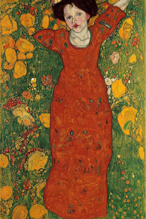 Image similar to girl waer detailed golden arabesque dress with a lot of flowers in persian pot, painting by egon schiele