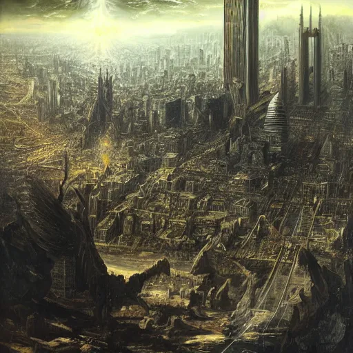 Prompt: the fall of god from the heavens on a ruined modern earth, colossal futuristic cities in the background destroyed, light from the tallest skyscraper piercing the sky, apocalyptic, photorealism, highly-detailed, atmospheric