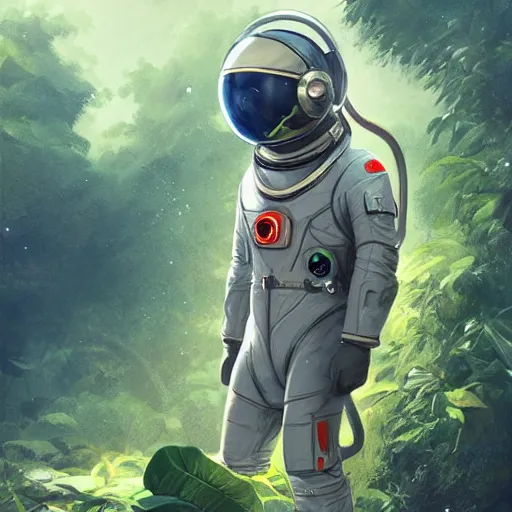 Prompt: view of a future cosmonaut with helmet having cybernetics and wirings exploring a jungle, trending on artstation, art by rossdraws and greg rutkowski, global illumination