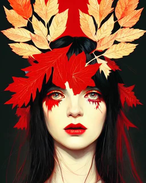 Prompt: highly detailed ugly hippie, black hair, flying leaves on backround, symmetrical, red lips, paint by ilya kuvshinov and anna dittman trending on artstation, intricate details, energetic composition, golden ratio, concept art, illustration, elegant art