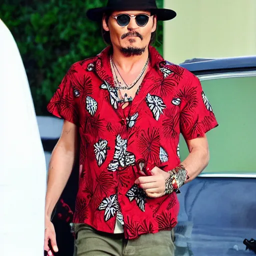 Prompt: jhonny depp wearing a red aloha shirt - n 4