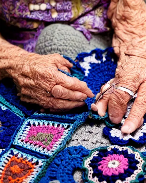 Image similar to a beautiful photograph of an elderly woman’s hands crocheting an Afghan, her hands are highly realistic and accurate.