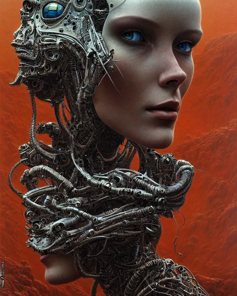 Image similar to ultra realist intricate detailed portrait of an attractive female turning into a cyborg in an alien landscape, insanity, accurate features, apocalyptic, very intricate details, 8 k resolution, dim lighting, volumetric lighting, artstyle, zdzisław beksinski and keith thompson, award winning