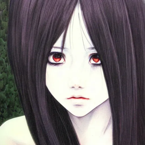 Image similar to a portrait of a character, black hair, dark eyes, dark, gothic, by Miho Hirano, trending on pixv