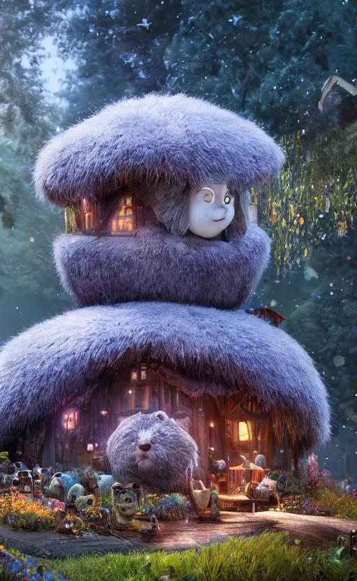 Image similar to a hut made of fur, magical forest, community, water bear, robots, electric, furry, soft, concept art, intricate details, highly detailed, photorealistic, disney pixar, octane render, iridescent, anime, 8 k