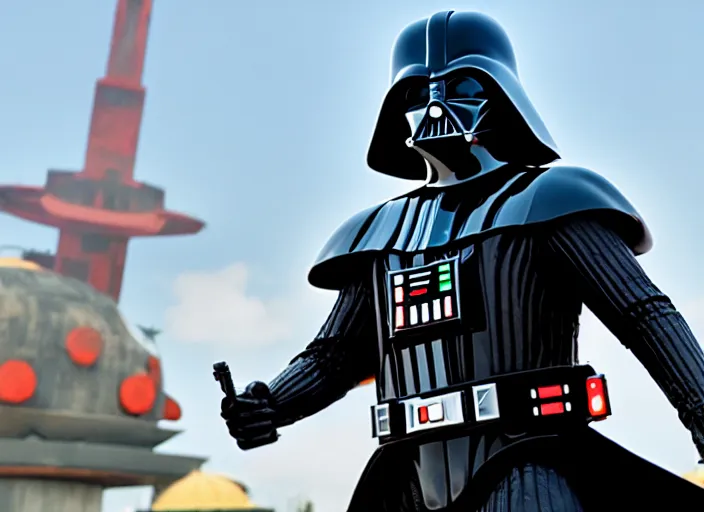 Prompt: film still of Darth Vader goes to an amusement park in the new Star Wars movie, 4k