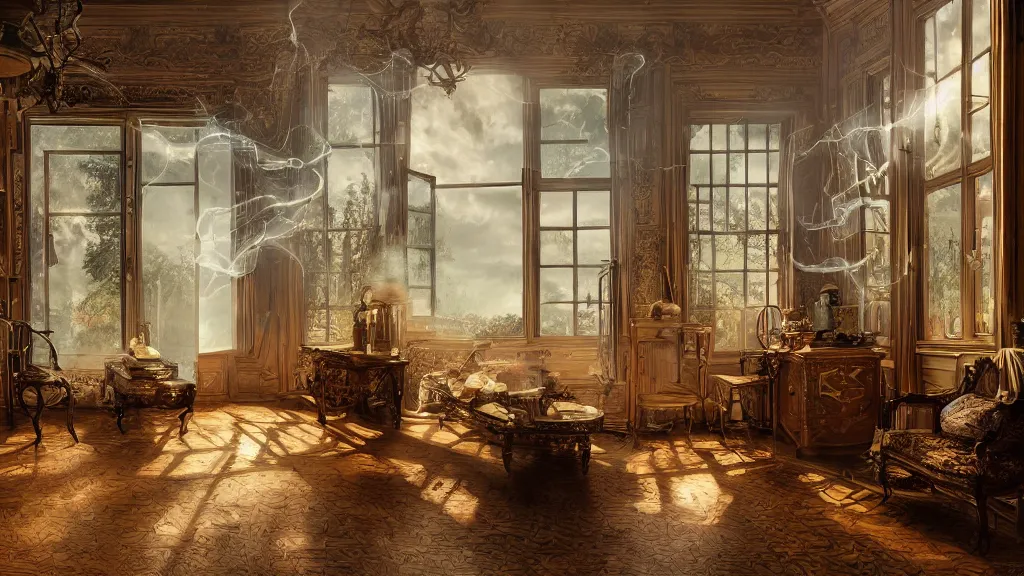 Image similar to richly decorated Victorian house, modern, beautiful, detailed wood, photorealistic, photorealism, lightning, clouds, smoke, the autumn light comes in through a window, diffuse light, vivid cybernetics
