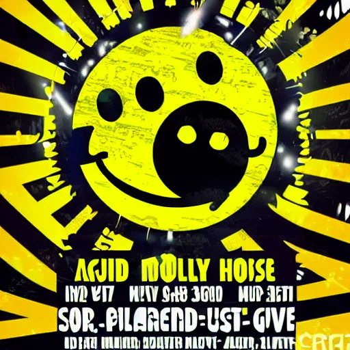 Image similar to acid house rave flyer, poster, smiley face, florescent yellow and black