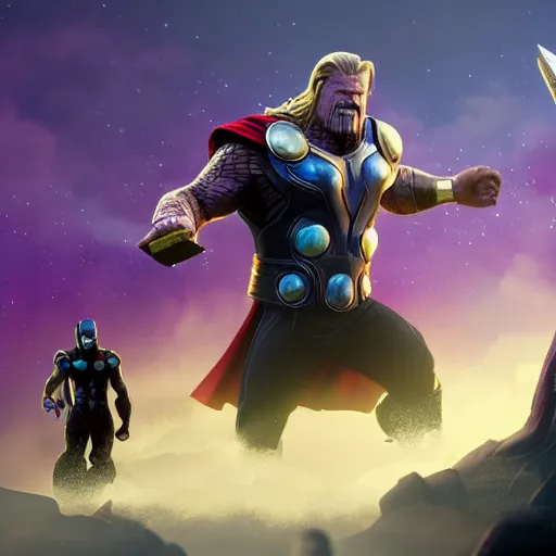 Prompt: Thanos and Thor, epic composition, cinematic, cgsociety, trending on artstation