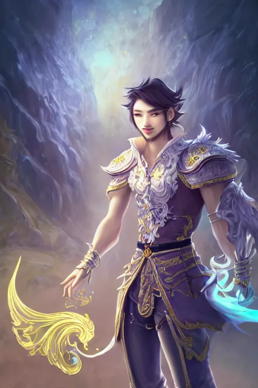 Image similar to fullbody portrait of a male fit hero with strange hairs, soft smile, baroque cloth, luminous scene, final fantasy and league of legends champion, by chengwei pan and sakimichan, gradient white to gold, in front of an iridescent magical building background, highly detailed portrait, digital painting, smooth, focus illustration