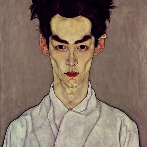 Image similar to full body painting of grumpy handsome thin beautiful man in his 2 0 s named min - jun in a french female maid outfit, modern clothing, elegant, clear, painting, stylized, delicate facial features, stylized thin lines, soft but grumpy, highly detailed, art, art by egon schiele