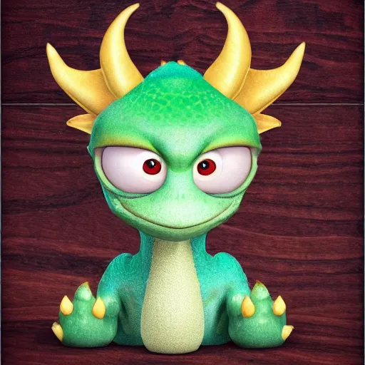 Image similar to cute little dragon baby, portrait, pixar style, wood background