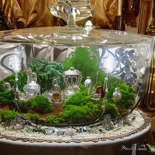 Prompt: a still life of a miniature tabletop forest glowing under an ornate glass dome, by paulette tavormina and janet fish, on a sumptuous tablecloth, hyper realistic, extremely detailed, dramatic lighting, victorian, unreal engine, featured on artstation