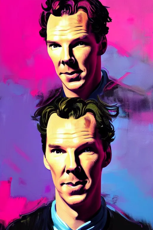 Prompt: portrait of benedict cumberbatch, painted in acrylic, pigment, in the colors hot pink and cyan, beautiful realistic face, rule of thirds, soldier outfit, spotlight, by greg rutkowski, by jeremy mann, by francoise nielly, by van gogh, digital painting