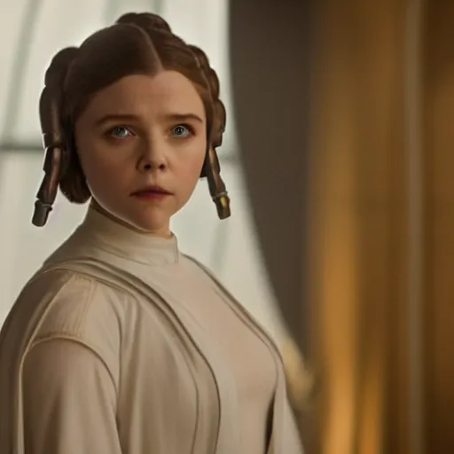 Image similar to Adult Chloe Moretz as Princess Leia, movie scene, DSMC2, 50mm, F1.4, studio lighting, professional, Look at all that detail!, Dolby Vision, UHD