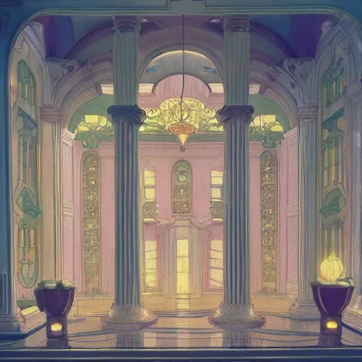 Prompt: a dreamy city of glass, film still by wes anderson, depicted by canova, limited color palette, very intricate, art nouveau, highly detailed, lights by hopper, soft pastel colors, minimalist