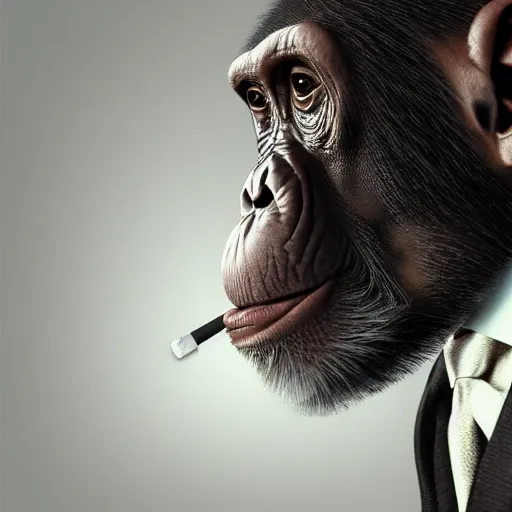 Image similar to a high detail shot of a chimp wearing a suit, smoking, render, cgsociety, photorealism